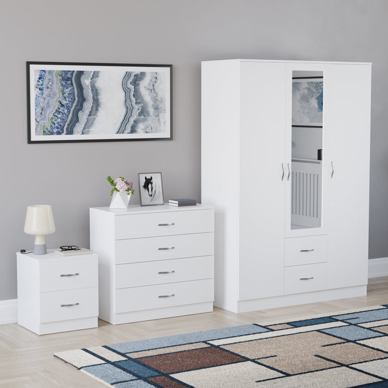 Maybery 3 Piece Bedroom Set (2 Drawer Bedside Chest, 4 Drawer Chest, 3 Door 2 Drawer Mirrored Wardrobe), (5), White