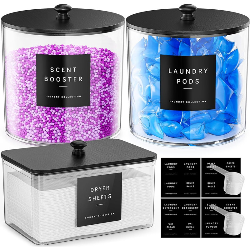 3 Pack Laundry Pods Storage Containers, Clear Acrylic Laundry Room Organization Canisters With Wooden Lids And Labels, Detergent Powder And Dryer Sheet Holder Set For Laundry Room Organization