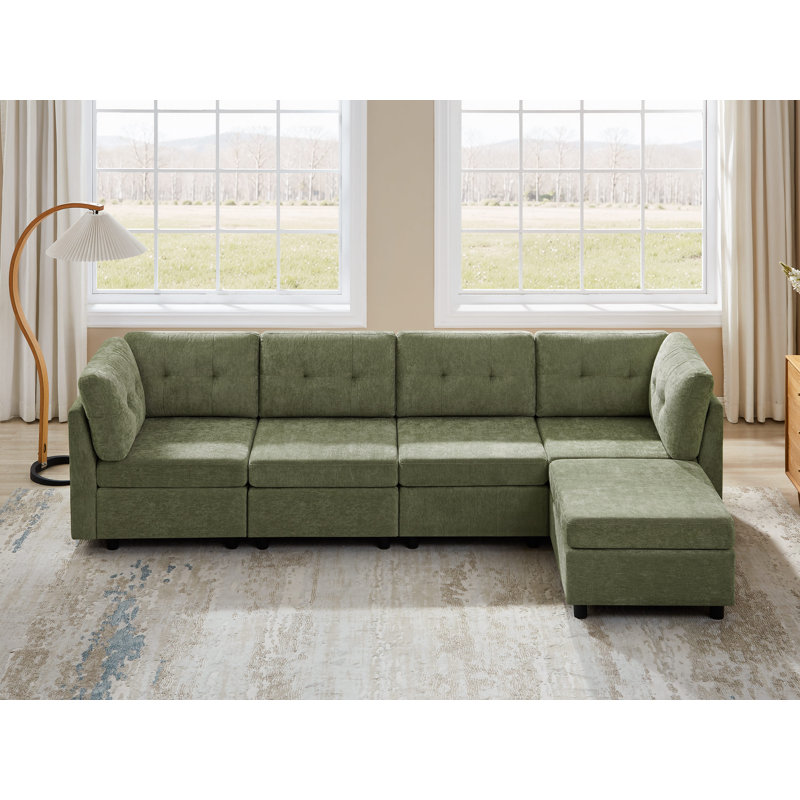 Chenille Upholstered Sectional Sofa Couch With Ottoman, Green Polyester