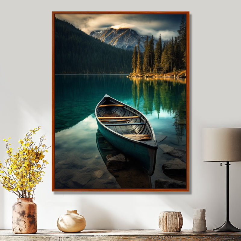 «Canoe on Blue Forest Mountain Lake», reproduction d'art murale en bateau, Cadre flottant brun, H 44 po x l 34 po