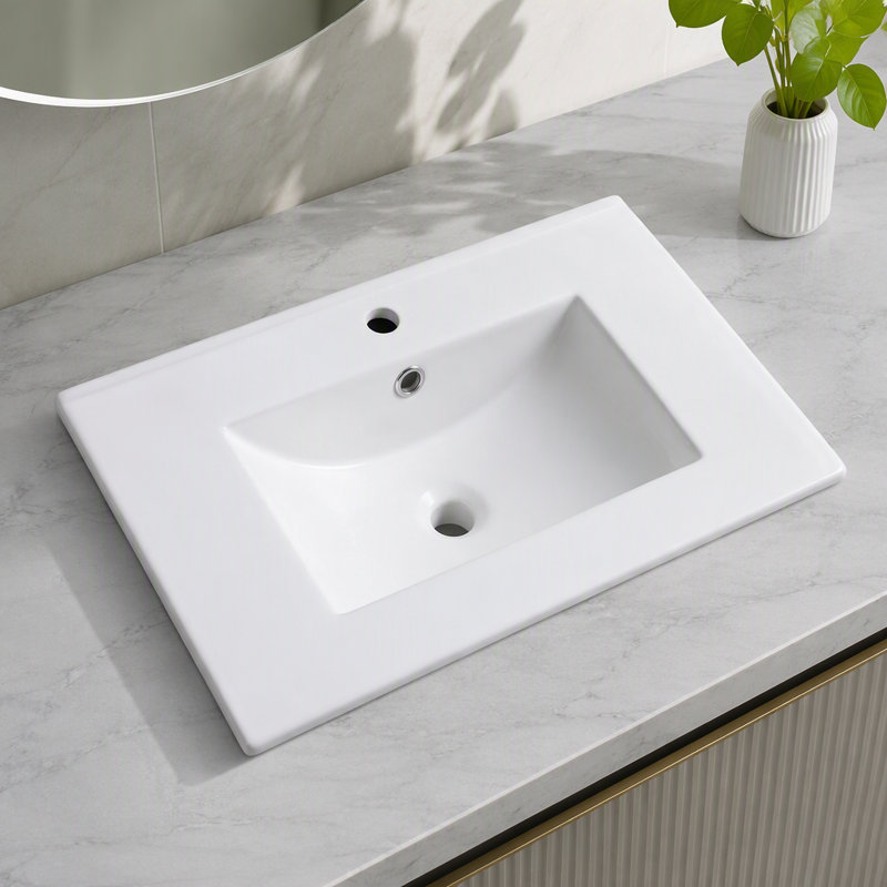 30 po * 18,5 po. Plateau de meuble-lavabo en céramique avec trou unique, vasque de salle de bain rectangulaire, blanc brillant