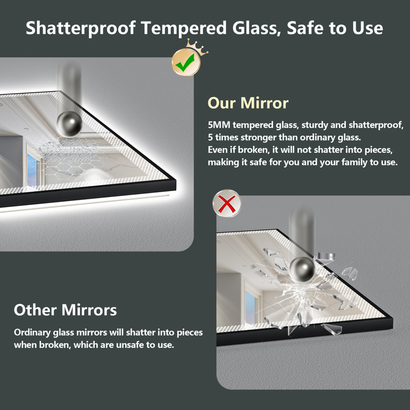 Miroir de salle de bain à cadre noir à DEL avec éclairage avant et rétroéclairé, miroir de meuble-lavabo éclairé pour le mur, double éclairage 3 couleurs à intensité variable, antibuée, verre trempé incassable (horizontal / vertical)