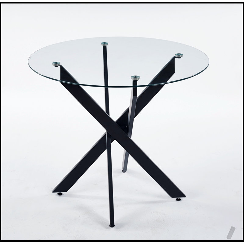 Table de salle à manger moderne noire avec pieds croisés en métal et verre trempé, parfaite pour les salons élégants et peu encombrants