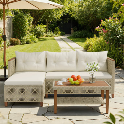 Outdoor Wicker Furniture Set 3 Pieces Patio Chaise Conversation Set, L-Shaped Rattan Sofa Couch with Acacia Wood Coffee Table for Deck Porch and Garden
