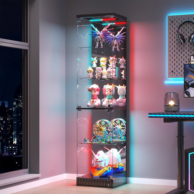 Glass Display Cabinet with Sensor RGB Lights, Wine Cabinet with Lock, Black