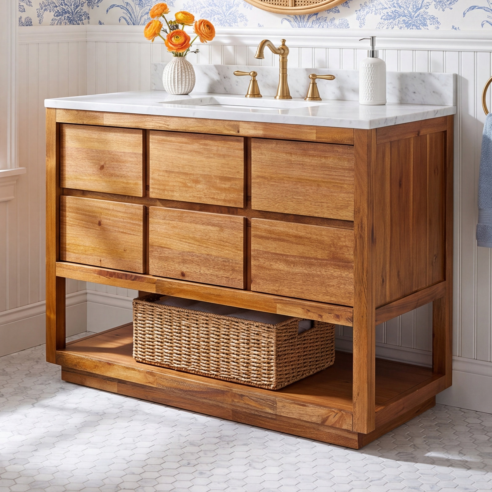 48" Carrara Marble Single Bathroom Vanity, Mango Wood