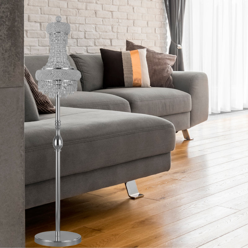 Montrey 6 Lights Empire Floor Lamp With Crystal Tear Drop Accents, Chrome