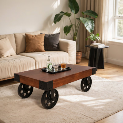 Black Cart Coffee Table, Vintage Center Table With Wheels For Living Room, Rectangular, Metal Frame And Wood Top, Farmhouse, 39.37 Inches, Rustic Blac