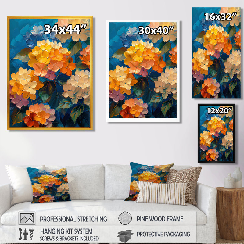 Hortensia orange et bleu qui fleurit en été III - Hortensia Wall Art Living Room, Toile tendue, H 12 po x l 20 po