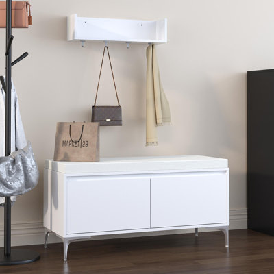 Wall-Mounted Entryway Shelf With Hooks And Storage Bench Set, Modern White Shoe Cabinet With Cushion And Closed Storage For Hallway, Bedroom, Or Mudroom