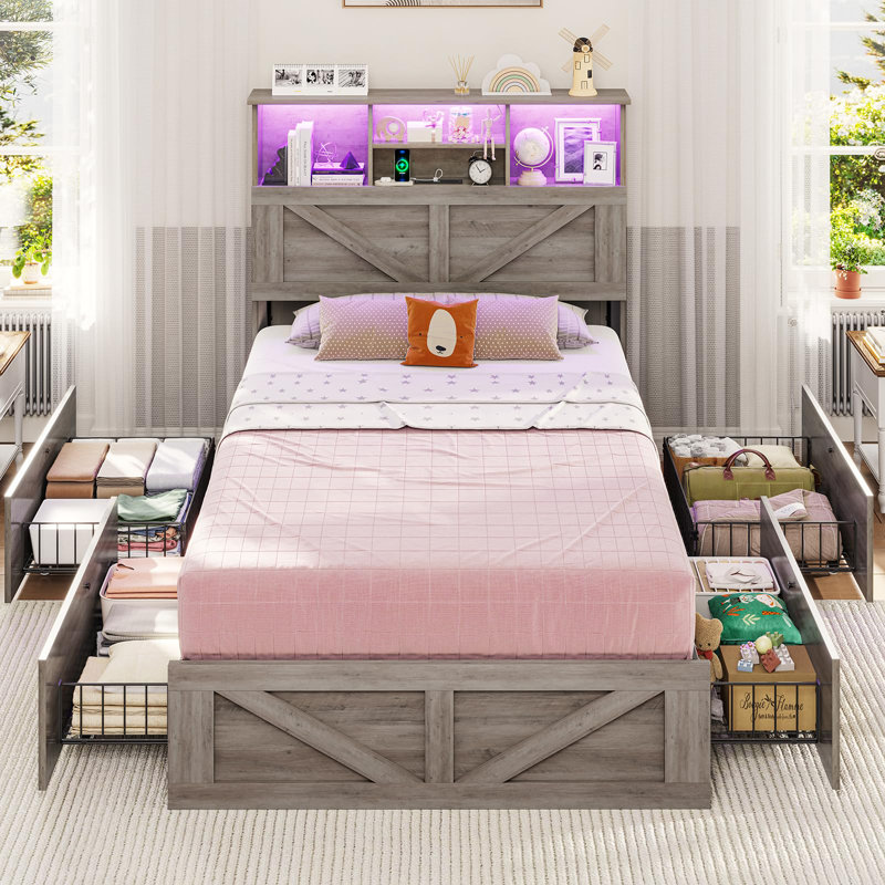 Farmhouse Wood Bed Frame with Bookcase Storage Headboard, 5 Drawers & LED Lights, Grey Wooden Platform Bed with Charging Station, Barn Door Design, No Box Spring Needed