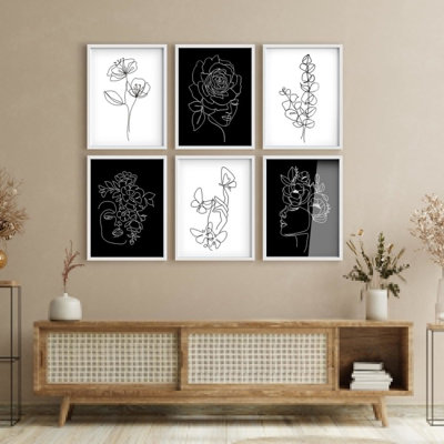 Framed Wall Art Print Gallery Set Decor, One Line Black and White Floral Face Drawings Illustrations Modern Decorative for Living Room, Bedroom, Office