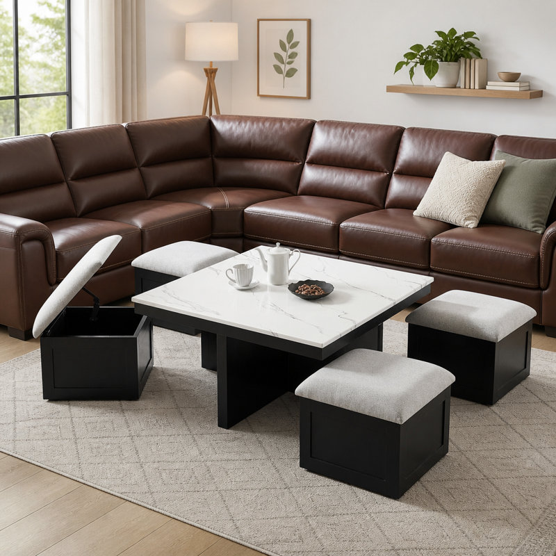 Ensemble de table basse et repose-pieds Modernes en faux marbre avec rangement caché