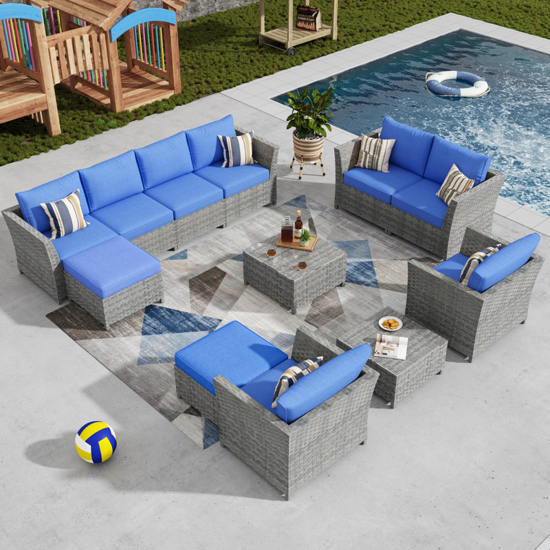 Ensemble de conversation modulaire en rotin avec coussins Paulsen, Non, Bleu marine, Gris
