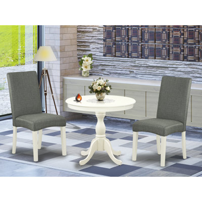 L'ensemble de table de cuisine 3 pièces comprend 1 table de salle à manger moderne et 2 chaises de salle à manger en tissu de lin gris avec dossier haut - finition lin blanc