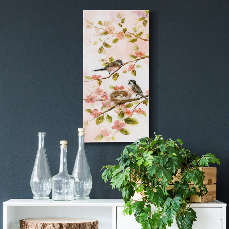 «Blush Birds II», peinture sur toile tendue, H 16 po x l 8 po x P 1 po