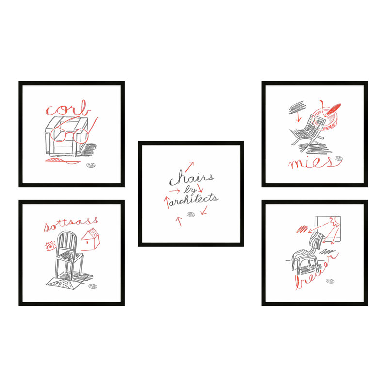 Chairs. Set Of 5 Print by Jeff Jackson, 10" W x 10" H, Black Single Picture Framed Paper