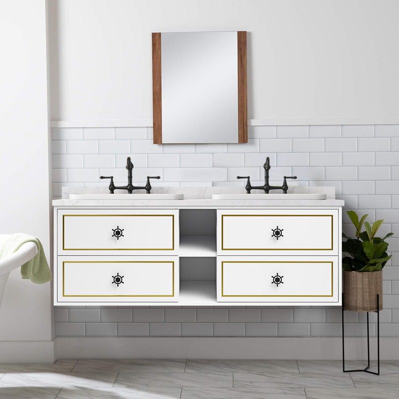 Base de meuble-lavabo flottant 60 po sans plateau, base de meuble-lavabo mural seulement, blanc