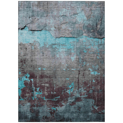 Machine Washable Indoor/Outdoor Xhevrie Teal Rug