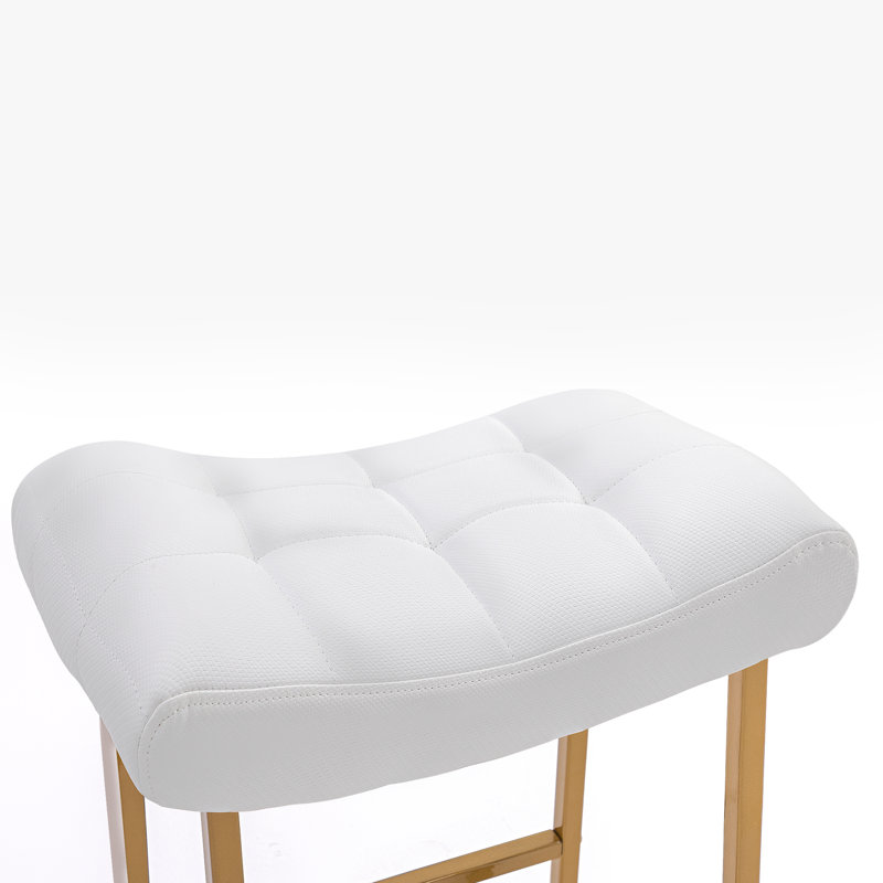 Faux Leather Wide Cushion Bar Stool, White Seat/Gold Frame