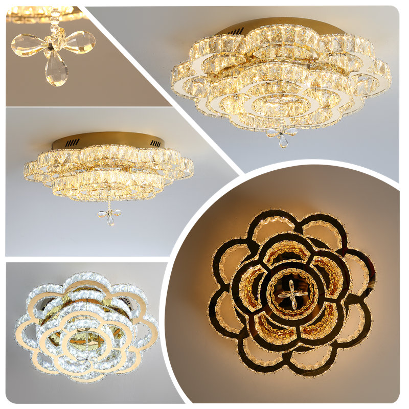 23" Crystal Chandelier Flush Mount Dimmable Chandelier, Gold
