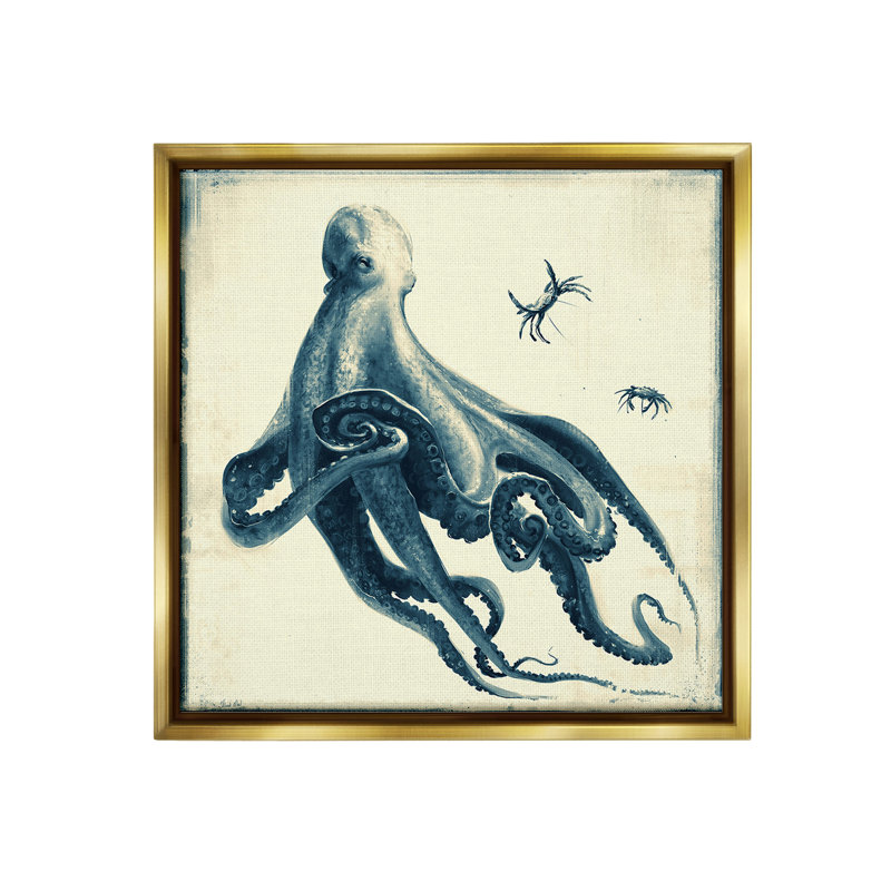 "Octopus And Sea Critter" par Vlad Mel sur toile, Cadre flottant métallique doré, H 18 po x l 18 po