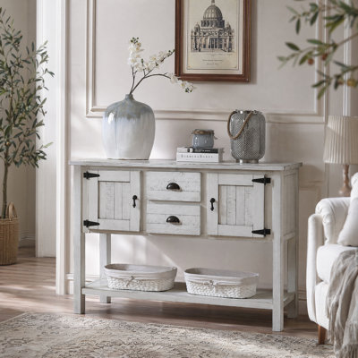 Console en bois massif avec tiroirs et armoires, buffet rétro avec rangement
