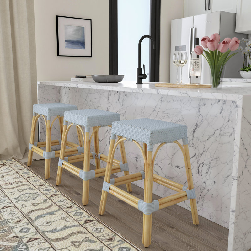 Lennart Counter/Bar Stool, Baby Blue/ Natural Rattan Frame, Counter Stool (24.5" Seat Height)