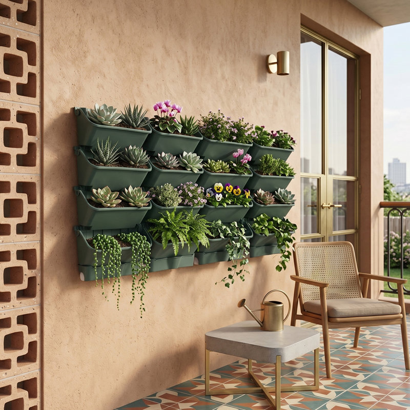 Ensemble de 16 pots de fleurs muraux avec bassin de drainage et tuyau d'évacuation, Vert