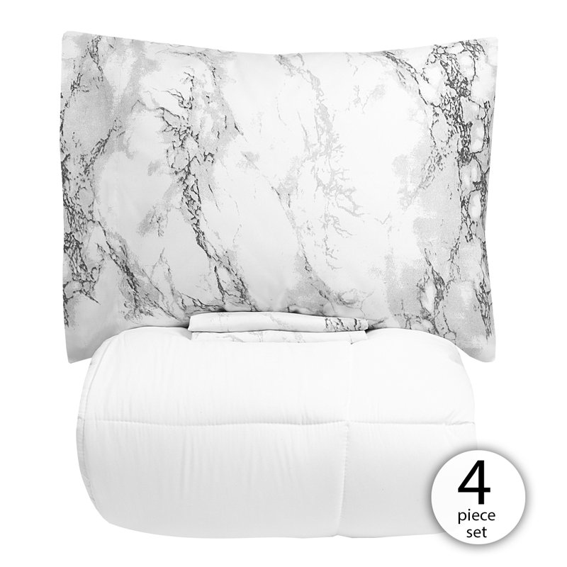 Marble Comforter Bedding Set, Twin Comforter + 4 Additional Pieces, White