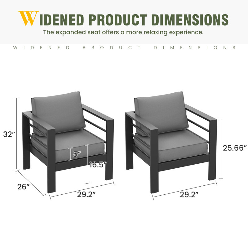 2-Piece Patio Aluminum Chair With Cushion (Set Of 2), Charcoal Gray, Dark Gray