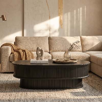 NTC STREAM DOU Coffee Table, Modern Oval Wood Table with Removable Top Hidden Storage, Double-Layer Design with Vertical Groove Detail, Contemporary Center Table for Living Room, Easy Assembly, Burnt Black