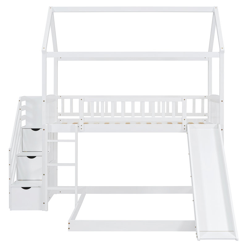 Lit simple superposé au dessus d'un lit double avec glissière et escalier de rangement, Blanc