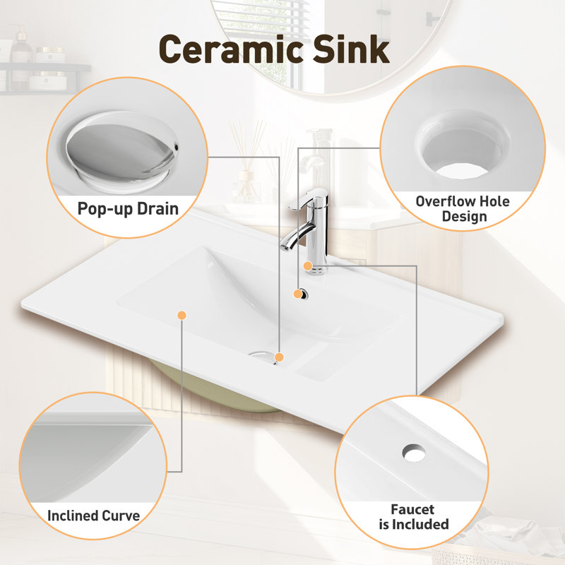 30 Inch Floating Bathroom Vanity With Sink, Bathroom Wall Cabinet With 2 Fluted Drawers & Metal Handle, Wall Mounted Cabinet For Bathrooms, Brown