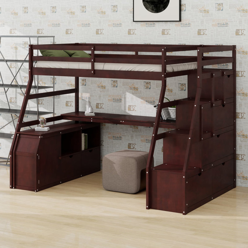 Lit mezzanine avec tiroirs, tablettes et bureau, Espresso