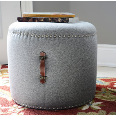 Johnny Fabric Upholstered Round Pouf Ottoman with Faux Leather Handle