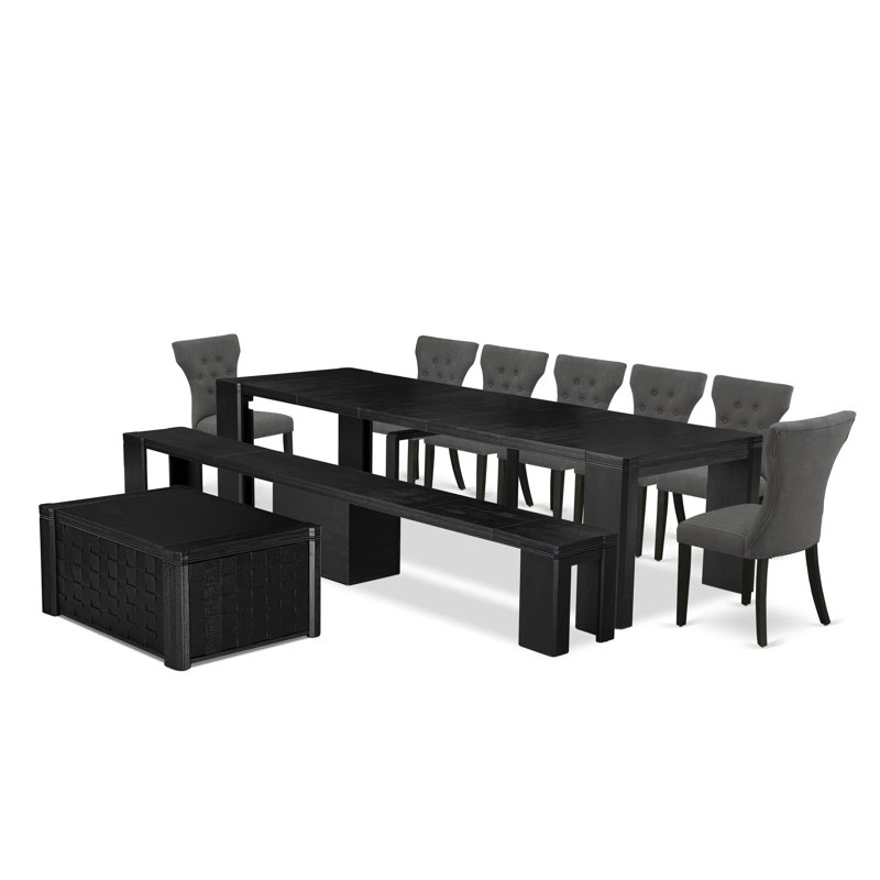 Ensemble de table de salle à manger 10 pièces comprenant une table de petit-déjeuner, une table basse, un banc en bois et 7 chaises de salle à manger en tissu Gotham gris foncé, noir brossé
