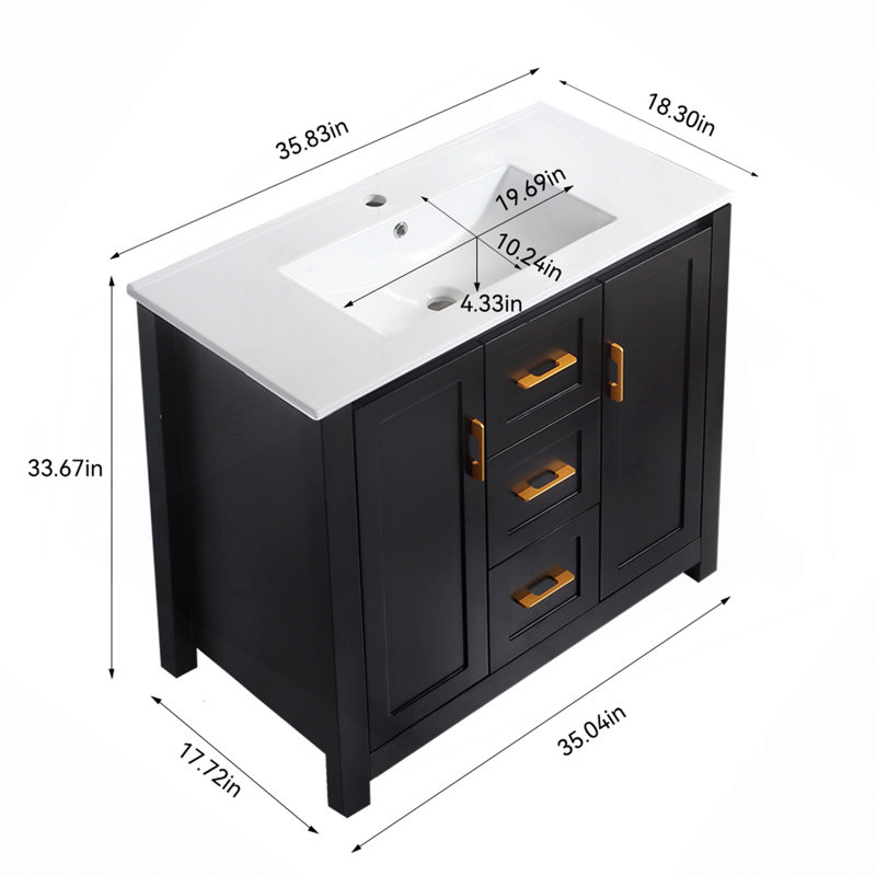 Meuble-lavabo de salle de bain avec lavabo simple, meuble-lavabo encastré, armoire de rangement pour salle de bain avec 2 portes et 2 tiroirs, fermeture en douceur, rangement multifonctionnel