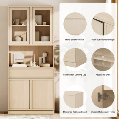 Modern 72" Tall Bookshelf with Glass Doors, Drawers & Adjustable Shelves, Closed Storage Cabinet and Glass Display Shelves, Wooden Bookcase for Home Office Living Room