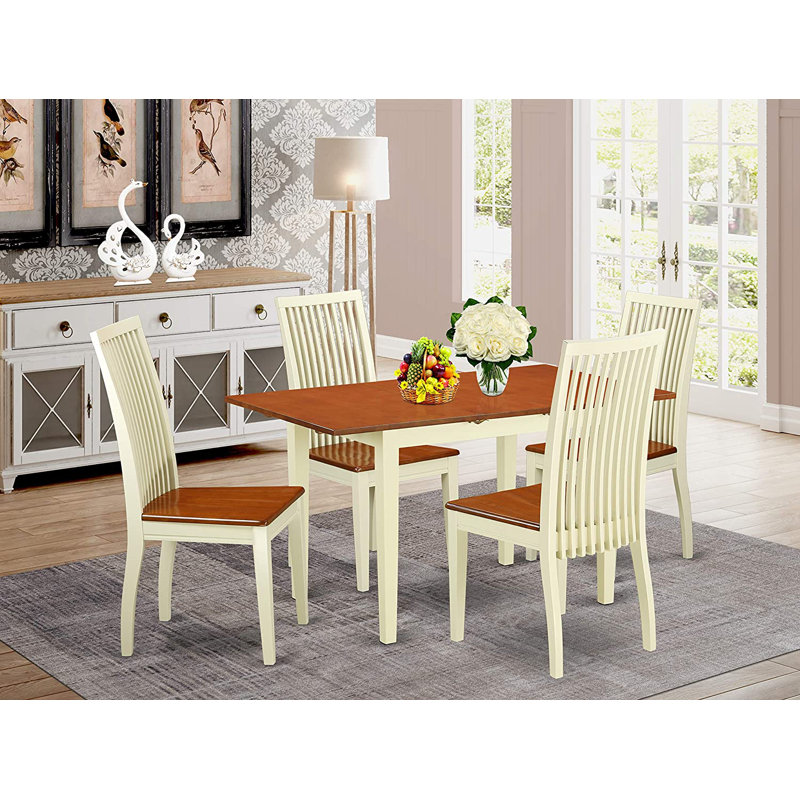 5 Piece Kitchen Table Set for 4 Includes a Rectangle Dining Room Table with Butterfly Leaf and 4 Dining Chairs, Buttermilk & Cherry