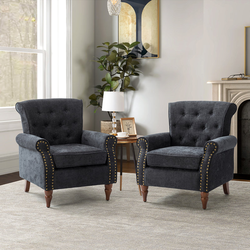 Anine 29.5" W Tufted Armchair, Charcoal Polyester