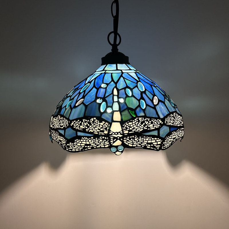 Luminaire suspendu Kleist Tiffany avec libellule en verre coloré bleu l 12 po x P 12 po x H 60 po