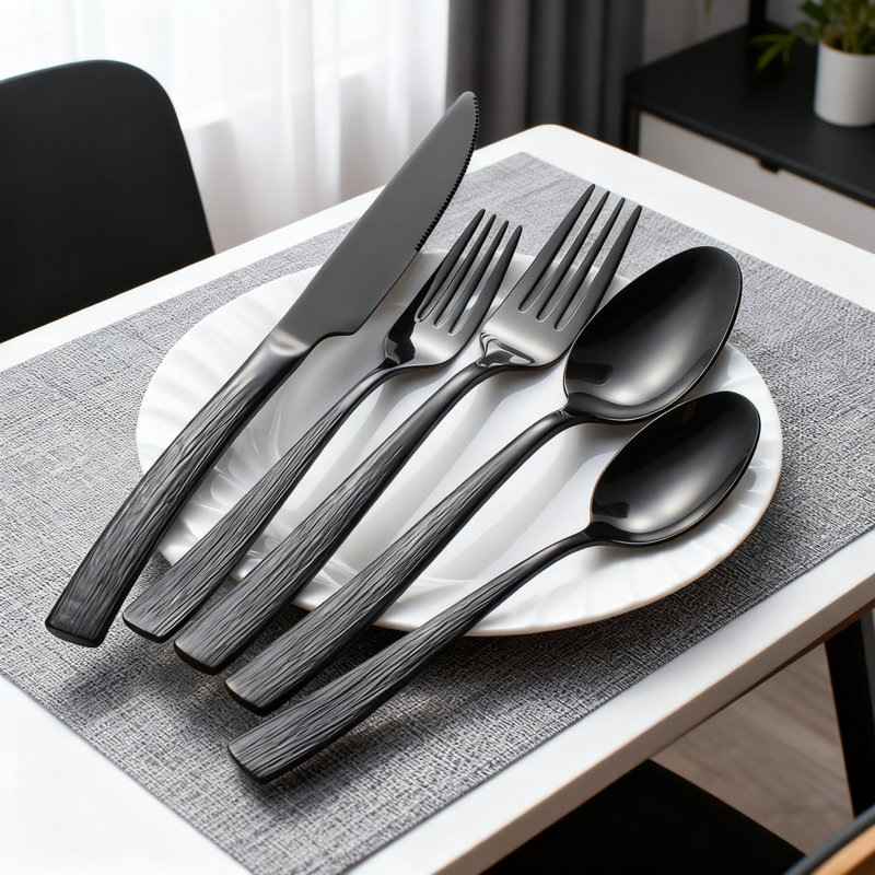 Ensemble de couverts en acier inoxydable 40 pièces pour 8 personnes, argenterie noire robuste avec poignées ondulées, ensemble de couverts polis miroir pour les repas de tous les jours