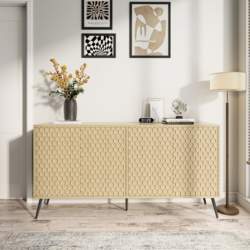 Buffet moderne avec 5 pieds de support et 4 tablettes réglables pour le rangement du vestibule ou du salon, Chêne