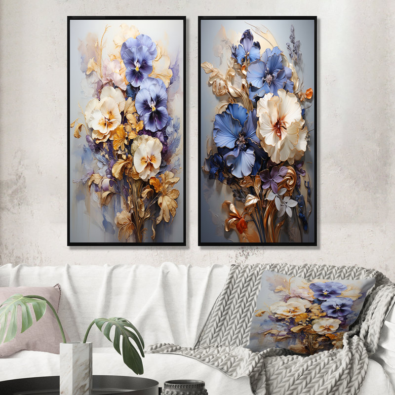 Pensées dorées élégance Bouquet - ensemble d'art mural sur toile 2 pensées, Cadre flottant noir, H 28 po x l 25 po