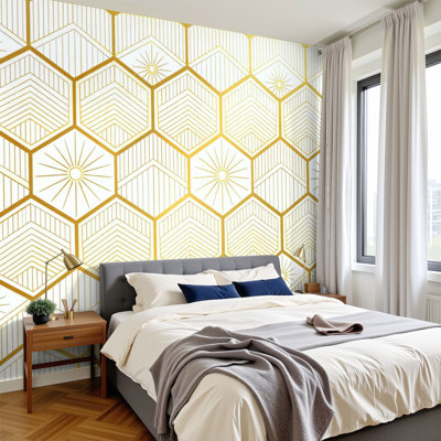 Peel and Stick Wallpaper 96" W x 69" H Modern Self Adhesive Wall Mural for Bedroom Honey bee comp Golden Seamless hexagon gold strip line