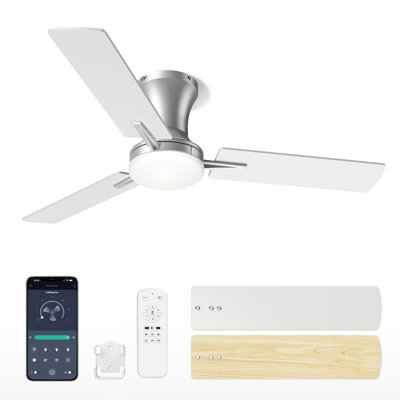 42 Inch Silver Flush Mount Low Profile Ceiling Fan with Light, App and Remote for Bedroom Living Room, 6 Speed, 3CCT Dimmable LED, Quiet DC Motor