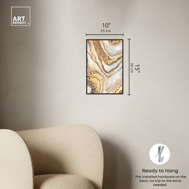 Golden Lines Abstract Canvas Wall Art with Black Frame