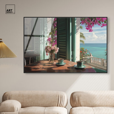«Morning Coffee Ocean View», art mural encadré par Art Remedy, cadre noir, 54 x 36