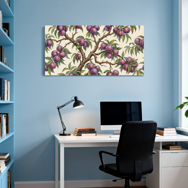 Plantes et fleurs branches de prunier avec fruits mauves et feuilles vertes, H 24 po x l 48 po